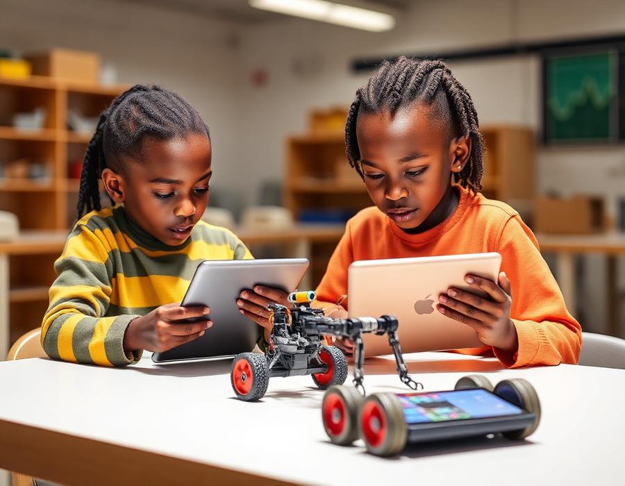 Children using tablets to build and test an app-controlled robot
