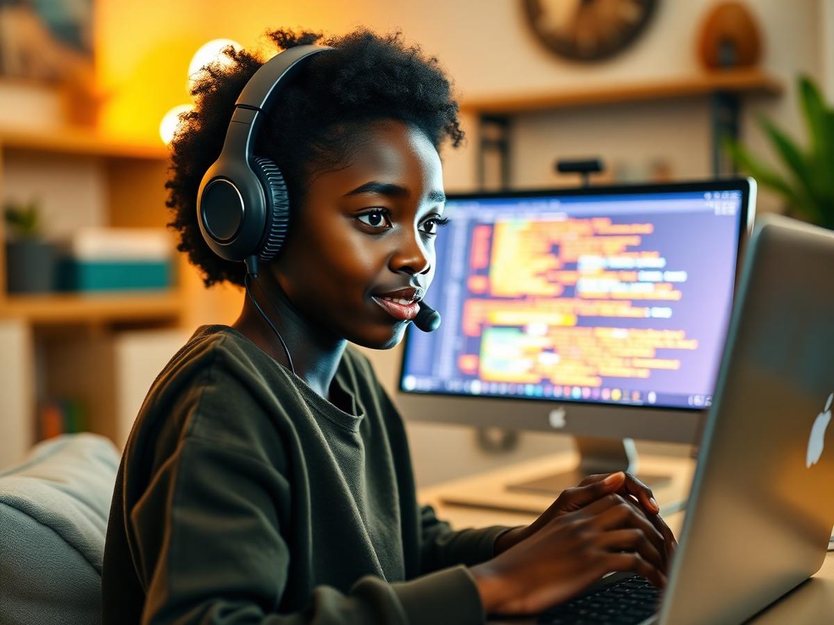 African student attending a live online coding class